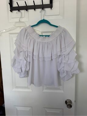 Misa Los Angeles White Off-Shoulder Ruffle Sleeve Blouse